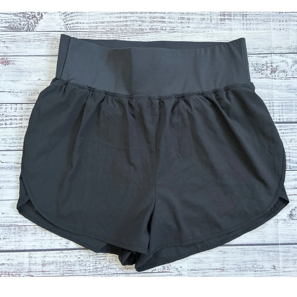 B‎ Fitness Womens XL Black High Waisted Running Zipper Pocket Built-in Shorts